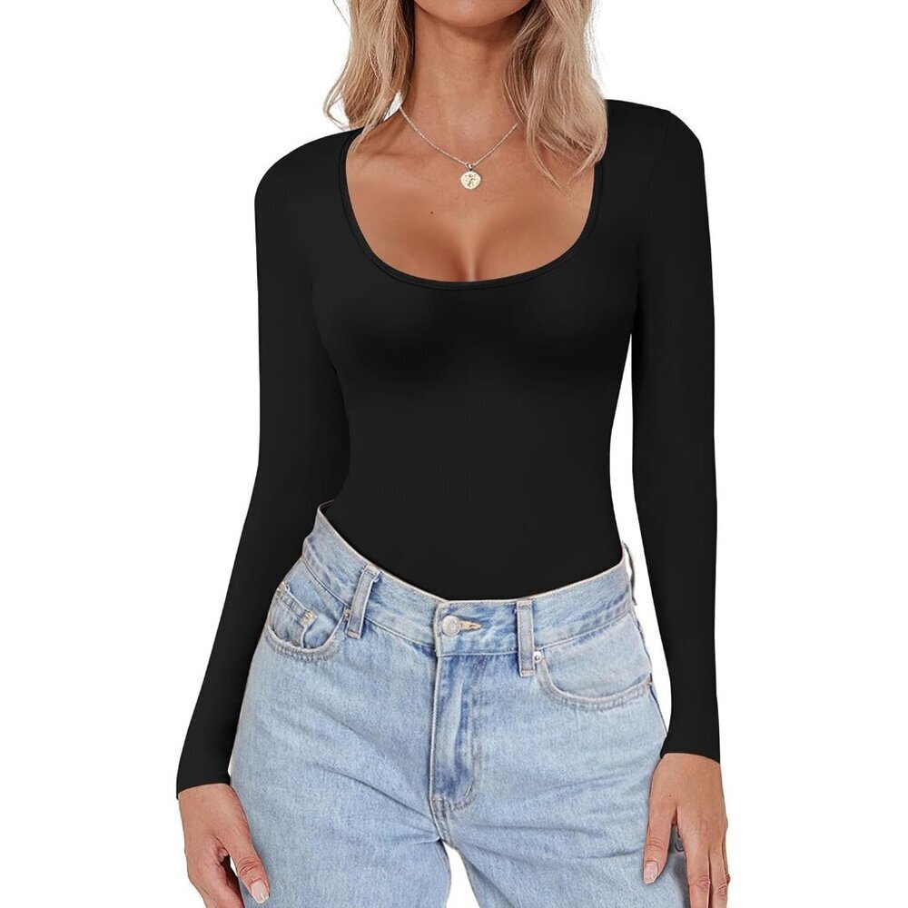 Women Thermal Long Sleeve Shirt Slim Fit Scoop Neck Basic Top Black Large